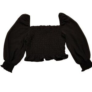 Smocked Blouse Puffy Sleeve Peasant Top Small Shirt Square/Off the Shoulder Neck